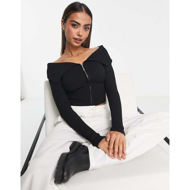 Bershka zip up bardot shoulder knitted top in black