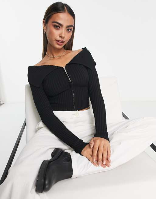 Bershka zip up bardot shoulder knitted top in black | ASOS