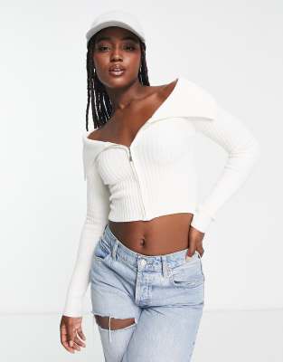 Bershka zip up bardot shoulder knitted top in white