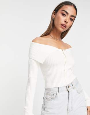 Bershka zip up bardot shoulder knitted top in white | ASOS