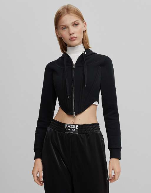 Bershka zip up boned corset hoodie in black