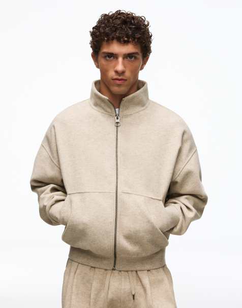 Bershka Zip-up boxy bomber jacket in stone - view 1