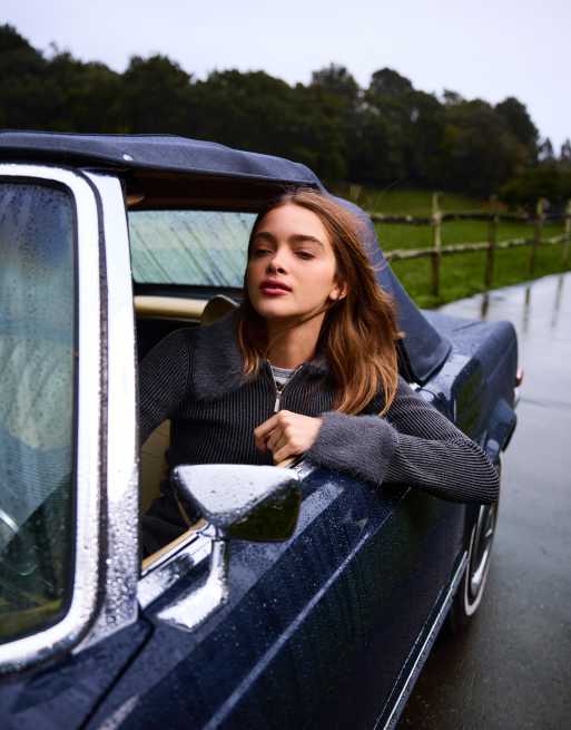 Bershka Zip-up cardigan with faux fur collar in grey