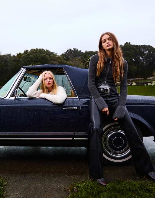 Bershka Zip-up cardigan with faux fur collar in grey