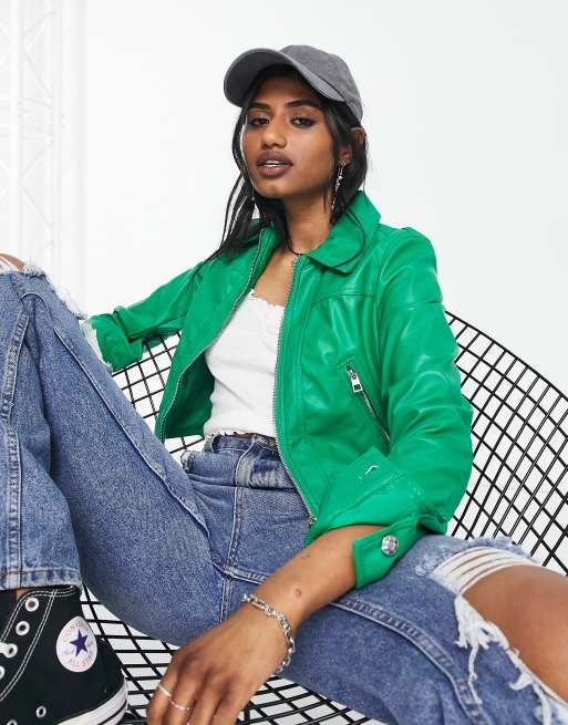 Bershka zip up collar detail faux leather jacket in bright green