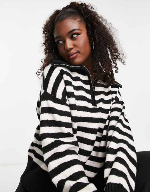 Bershka zip up collar detail oversized jumper in monochrome stripe ASOS