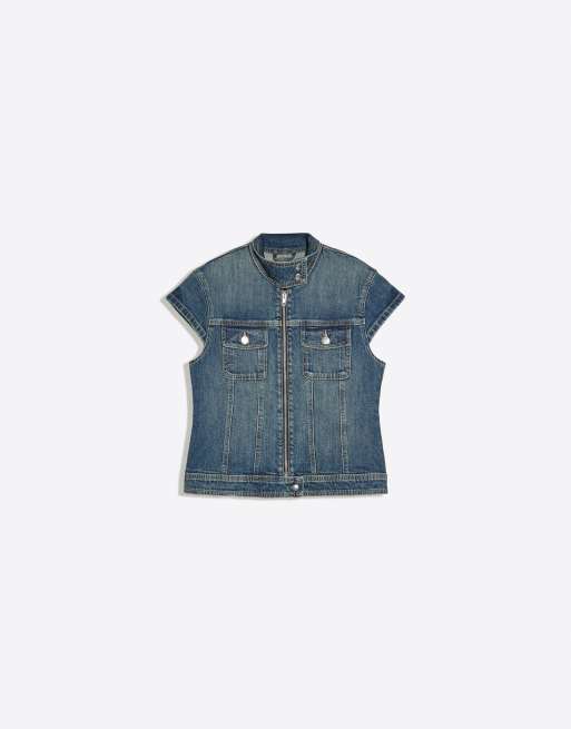 Bershka Zip-up denim top in blue, 5 of 5