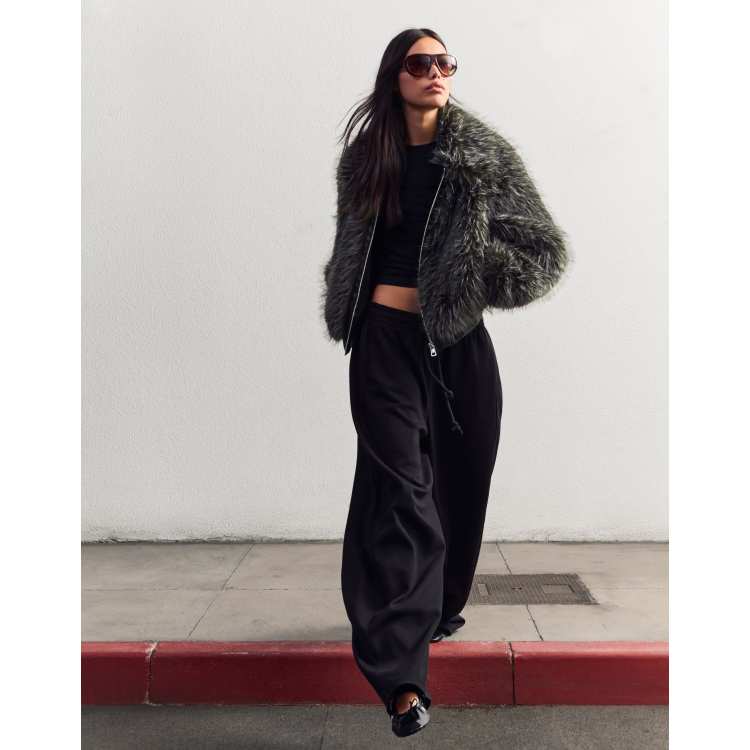 Bershka Zip-up faux fur jacket in grey | ASOS