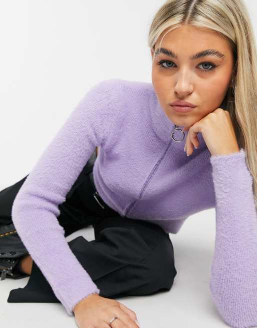 Bershka zip up fluffy jumper in lilac