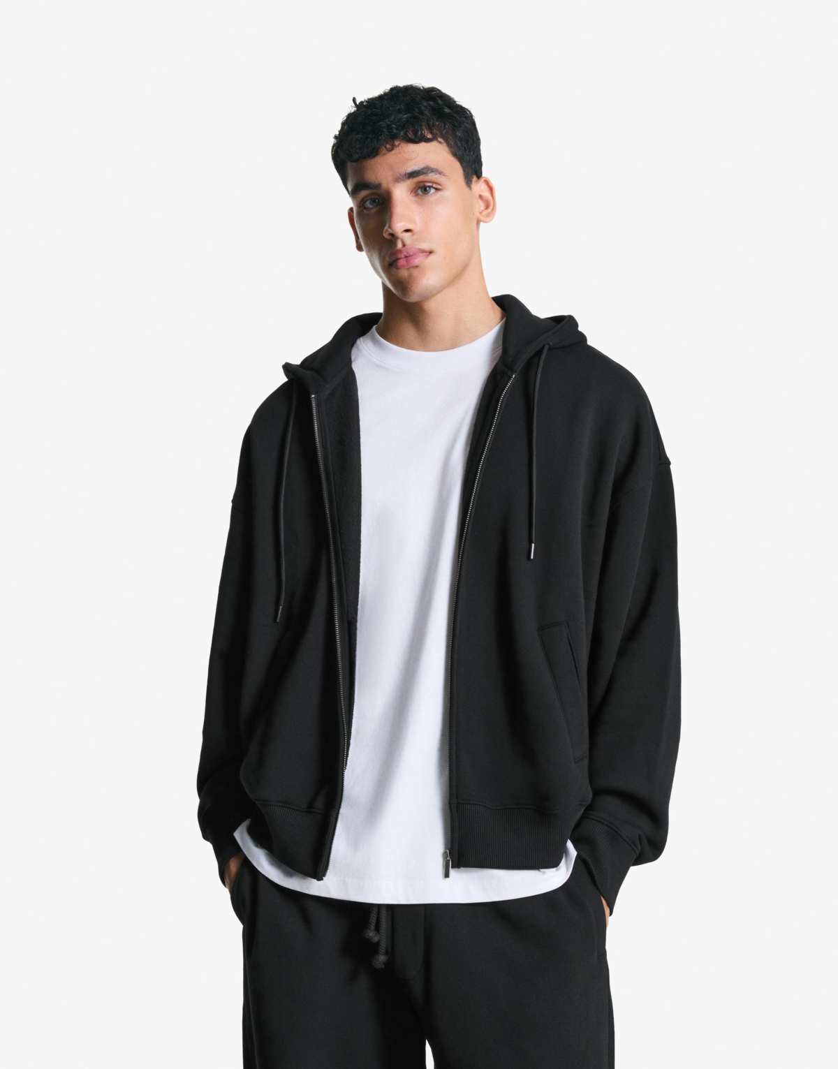 Bershka Zip-up hoodie in black