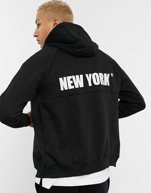 Bershka zip up hoodie with New York back print in black