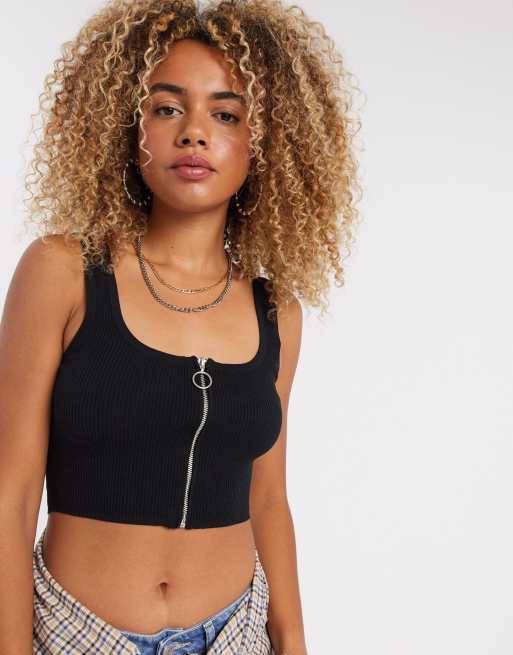 Bershka zip up knit crop top in black