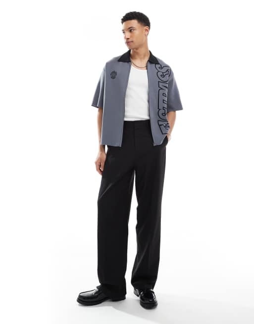 Bershka zip up knit shirt with print in gray | ASOS