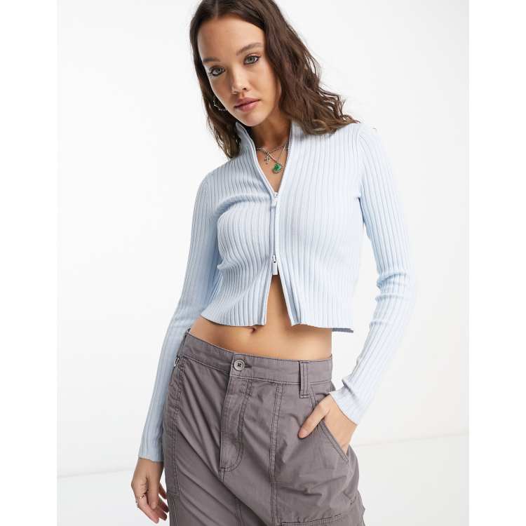 Bershka zip up knitted top in blue