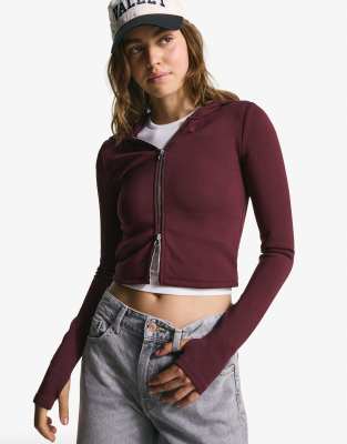 Bershka zip up modal blend hoodie in burgundy - view 1