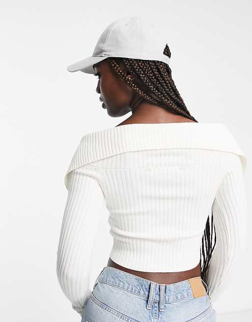 Bershka zip up off the shoulder knit top in black | ASOS Bershka zip up off the shoulder knit top in black | ASOS