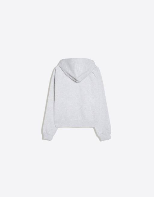 Bershka Zip-up plush hooded jacket in light grey, 6 of 6