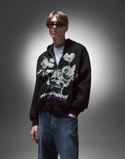 Bershka Zip-up print hoodie in black - view 1