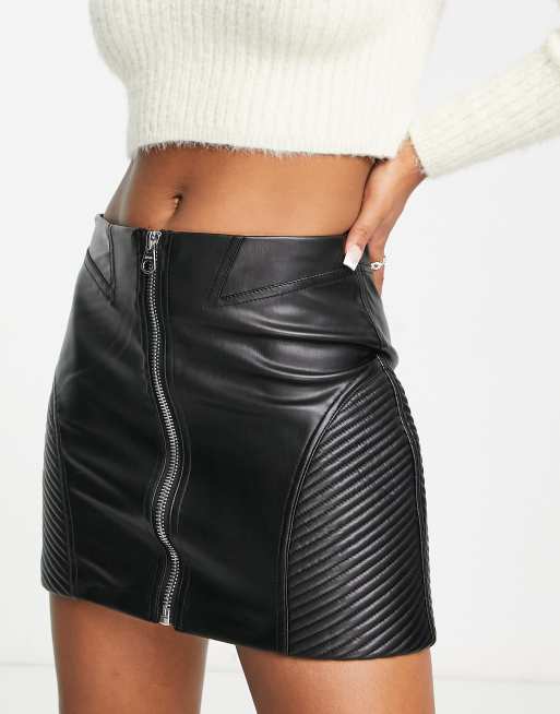 Bershka zip up ribbed detail faux leather mini skirt in black | ASOS