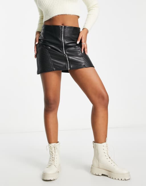 Bershka zip up faux leather mini skirt in black sale