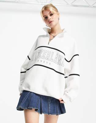 Bershka zip up slogan fleece in white