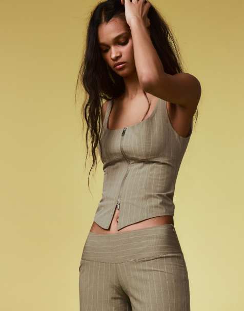 Bershka Zip-up strappy top in khaki