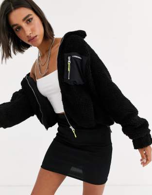 black zip up teddy jacket