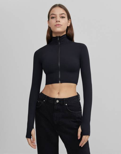 Bershka zip up top with collar in black