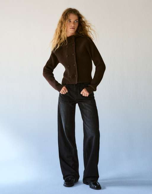 Bershka zweireihige Jacke aus Rippstrick mit Kapuze in Braun, 4 von 5