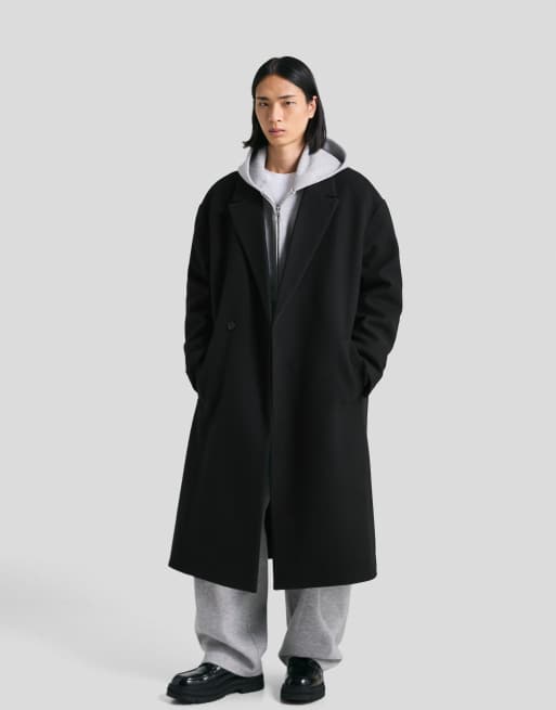 Bershka – Zweireihiger Mantel aus Wollstoff in Schwarz