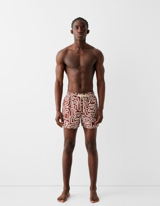 Bershka - Zwemshort met geometrisch patroon in rood 