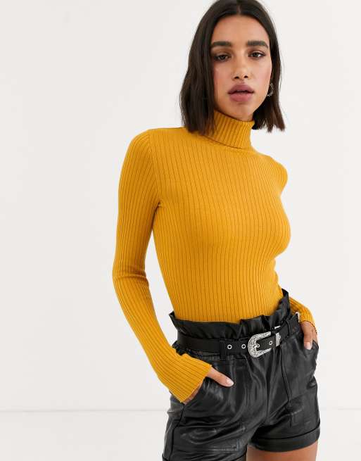 Beshka basic ribbed roll neck sweater in mustard