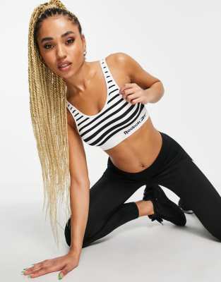   Asos Бесшовный укороченный спортивный бюстгальтер в черно-белую полоску Reebok Kira-Белый