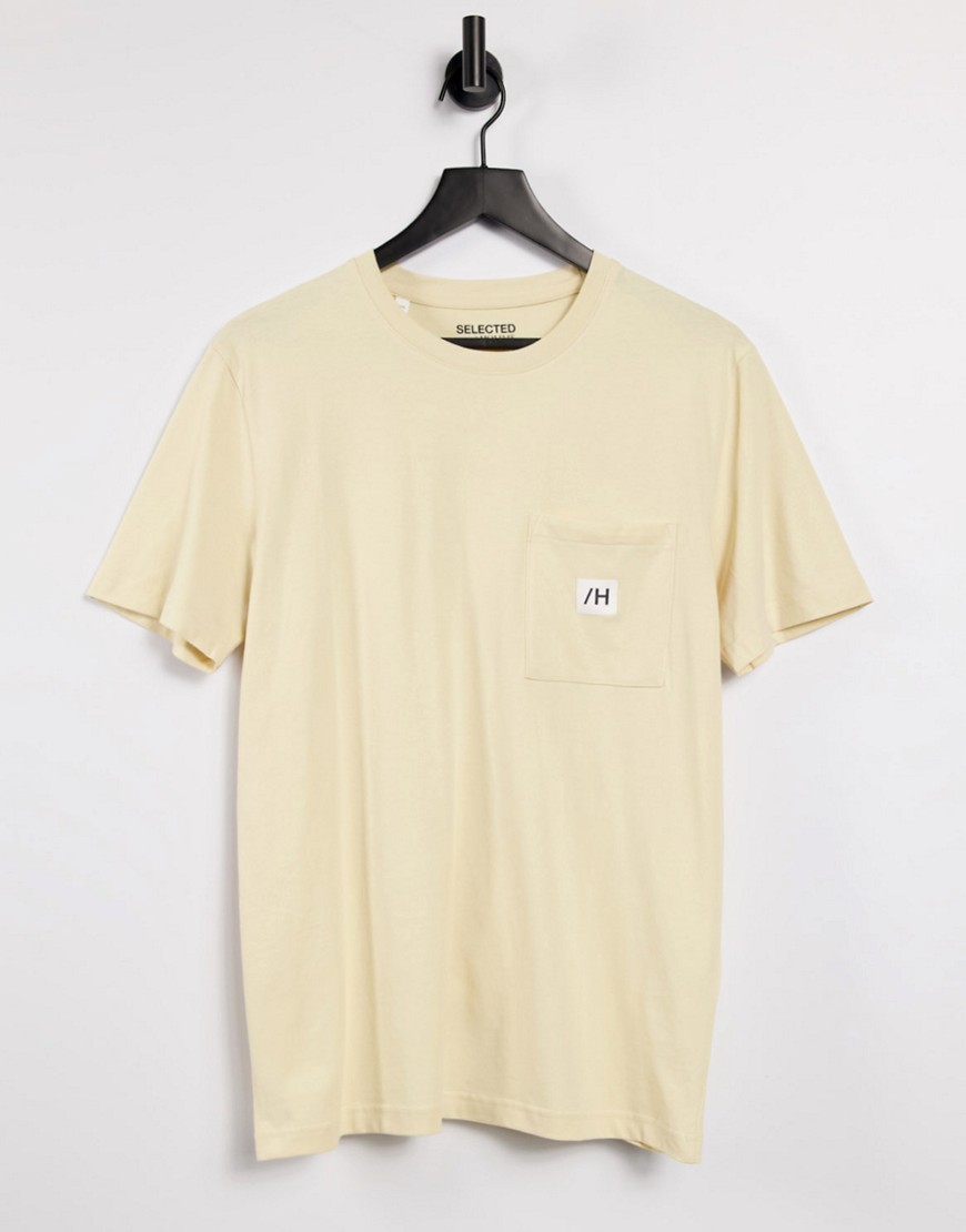 фото Бежевая футболка с карманом и логотипом selected homme-бежевый