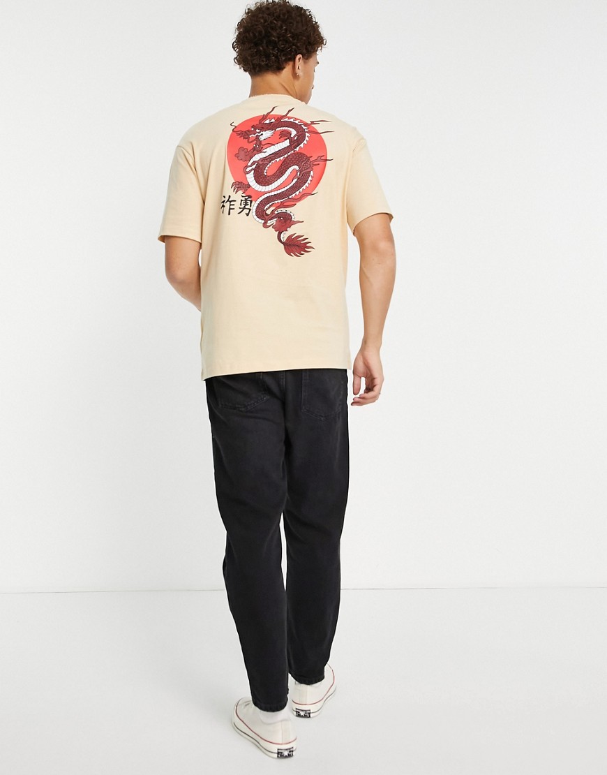 Бежевая футболка в стиле oversized с принтом дракона на спинке -Светло-бежевый цвет SELECTED 108929338