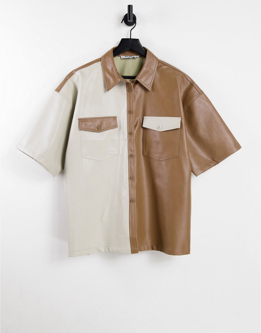 Бежевая oversized-рубашка из искусственной кожи в стиле коло блок -Светло-бежевый цвет NA-KD 105679853