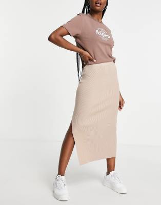 Юбки макси  Asos Бежевая трикотажная юбка мидакси в рубчик Miss Selfridge-Светло-бежевый цвет