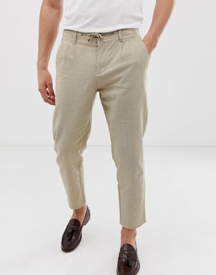 фото Бежевые облегающие брюки из материала с добавлением льна only & sons-бежевый
