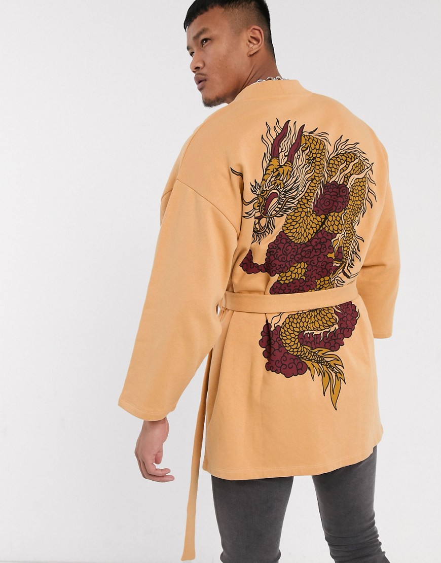 фото Бежевый кардиган с принтом дракона на спине asos design