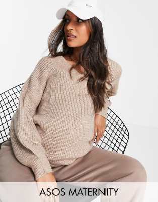  Бежевый пушистый джемпер с V-образным вырезом ASOS DESIGN Maternity-Светло-бежевый цвет