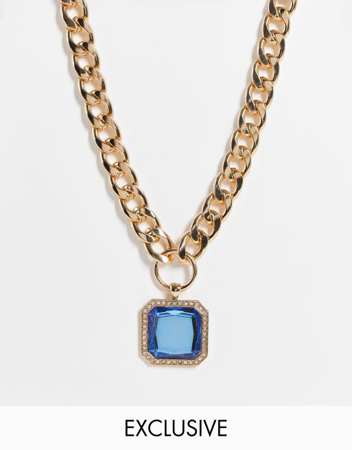 Big Metal London – Exclusive – Breite Halskette in Goldoptik mit quadratischem Kristall in Blau