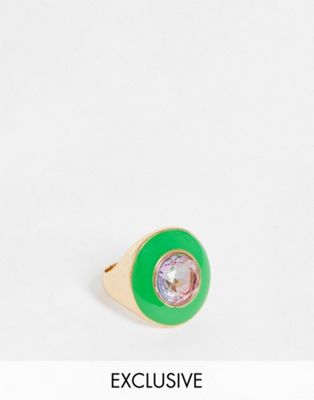 Big Metal London Exclusive chunky crystal ring with green enamel in gold
