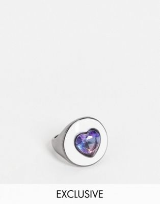Big Metal London Exclusive chunky crystal ring with white enamel in gunmetal