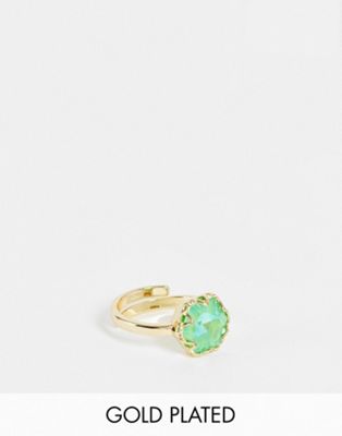 Big Metal London Exclusive demi fine adjustable ring with green flower crystal in 22k gold plate
