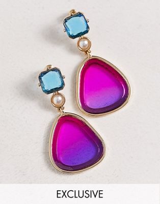 Big Metal London Exclusive ombre crystal drop earrings in pink & turquoise