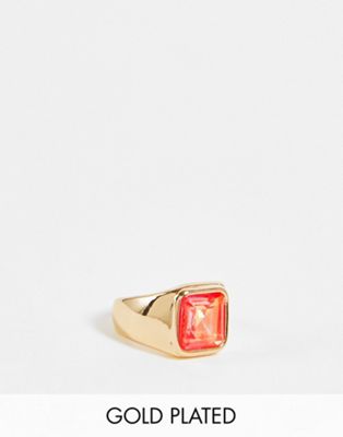 Big Metal London Exclusive signet ring with hand cut pink crystal in gold plate