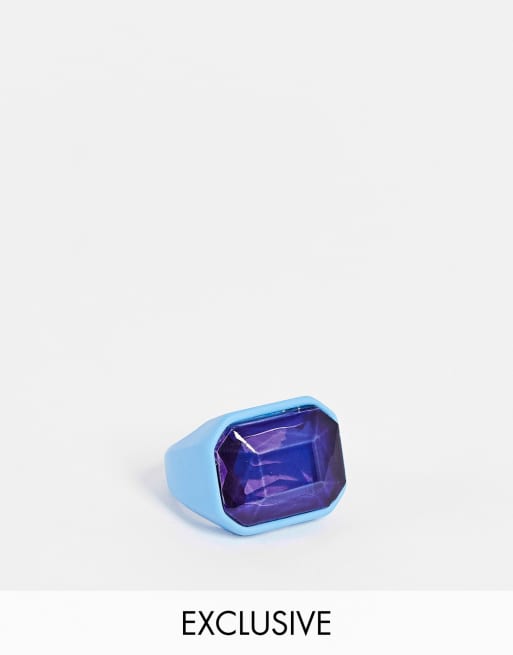 Big Metal London - Exclusivité - Bague en métal enduit à cristal - Bleu