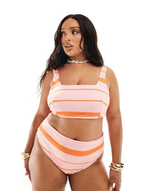 Bikini a rayas rosas y naranjas Mia de ASOS DESIGN Curve - view 1