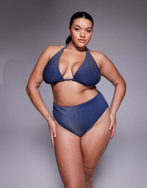 Bikini azul pizarra efecto purpurina de canalé Riddy de ASOS DESIGN Curve - view 1