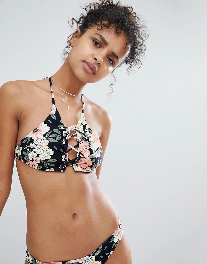 Billabong – Blommig bikiniöverdel med snörning-Flerfärgad
